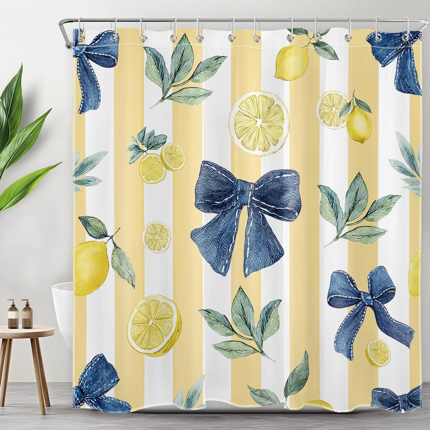 Summer Fruit Shower Curtain- Lemon Blue Bow Green Leaf Yellow and White Striped Shower Curtains for Bathroom- Decorative Washable Waterproof Fabric with 12pcs Hooks,72x72 inches