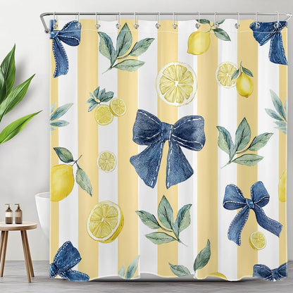 Summer Fruit Shower Curtain- Lemon Blue Bow Green Leaf Yellow and White Striped Shower Curtains for Bathroom- Decorative Washable Waterproof Fabric with 12pcs Hooks,72x72 inches
