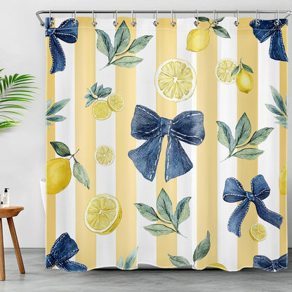 Summer Fruit Shower Curtain- Lemon Blue Bow Green Leaf Yellow and White Striped Shower Curtains for Bathroom- Decorative Washable Waterproof Fabric with 12pcs Hooks,72x72 inches