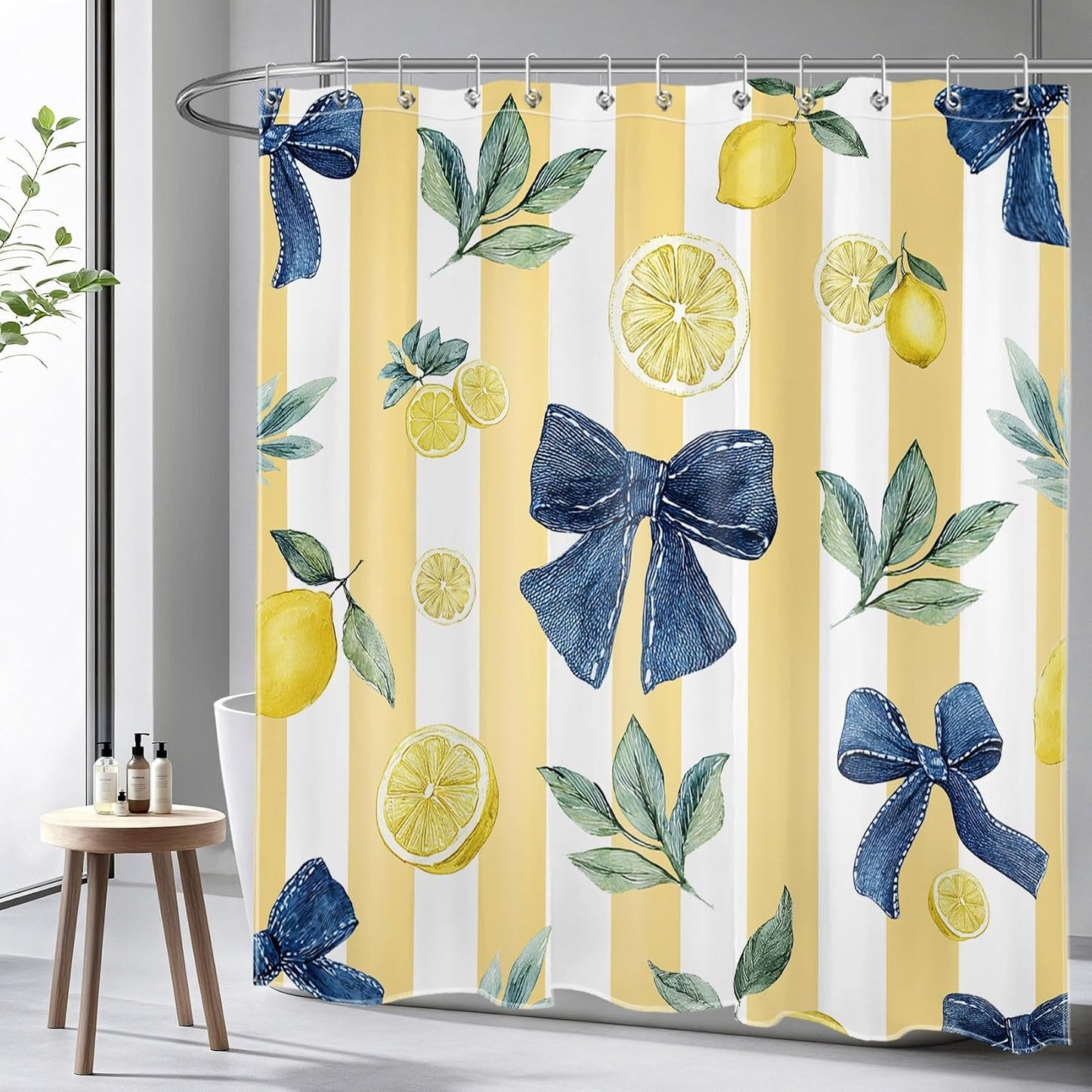 Summer Fruit Shower Curtain- Lemon Blue Bow Green Leaf Yellow and White Striped Shower Curtains for Bathroom- Decorative Washable Waterproof Fabric with 12pcs Hooks,72x72 inches