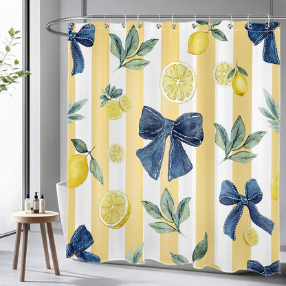 Summer Fruit Shower Curtain- Lemon Blue Bow Green Leaf Yellow and White Striped Shower Curtains for Bathroom- Decorative Washable Waterproof Fabric with 12pcs Hooks,72x72 inches