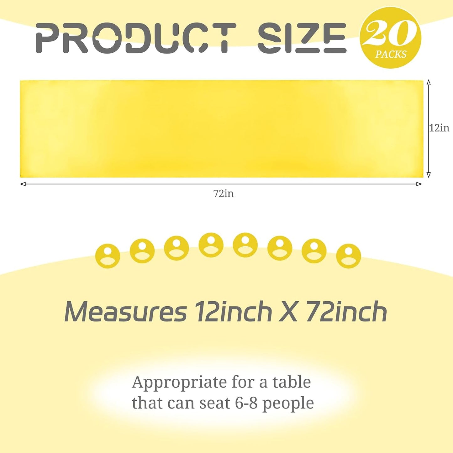 20 Pack Satin Table Runner 12 x 72 Inch Yellow Table Runner fit Rectange and Round Table,Long Premium Satin Silk Table Runners for Wedding,Birthday Banquets Engagements Party Decoration