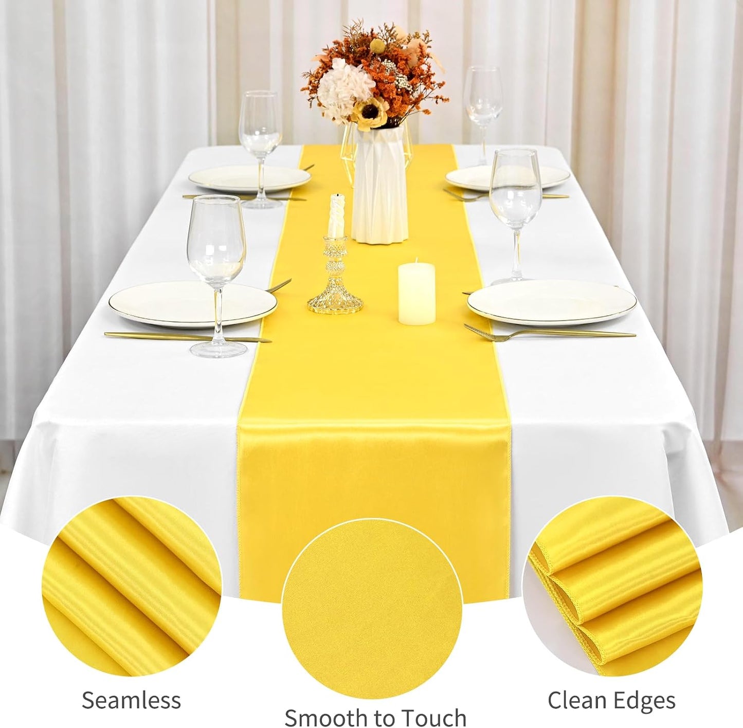 20 Pack Satin Table Runner 12 x 72 Inch Yellow Table Runner fit Rectange and Round Table,Long Premium Satin Silk Table Runners for Wedding,Birthday Banquets Engagements Party Decoration