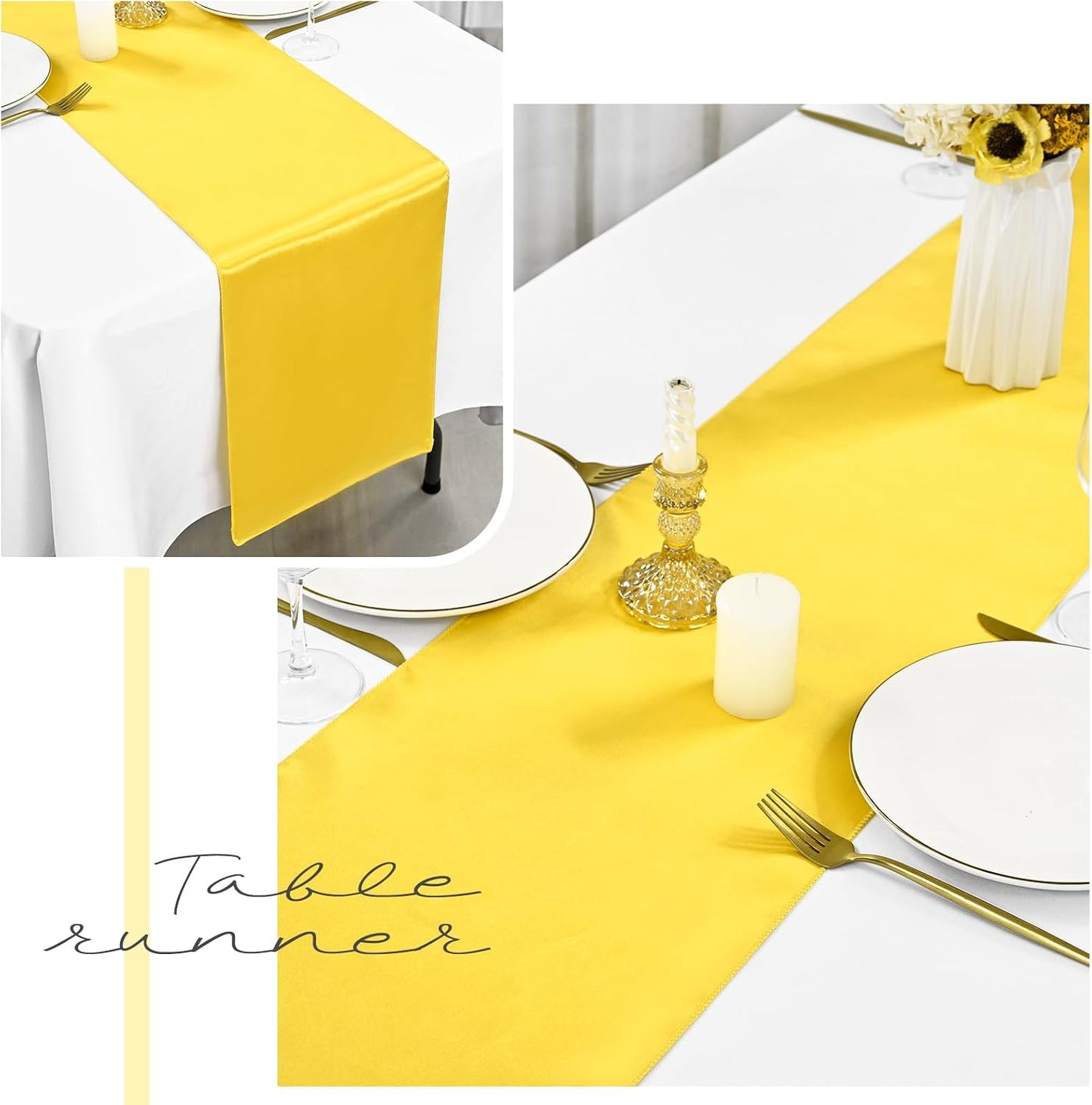 20 Pack Satin Table Runner 12 x 72 Inch Yellow Table Runner fit Rectange and Round Table,Long Premium Satin Silk Table Runners for Wedding,Birthday Banquets Engagements Party Decoration