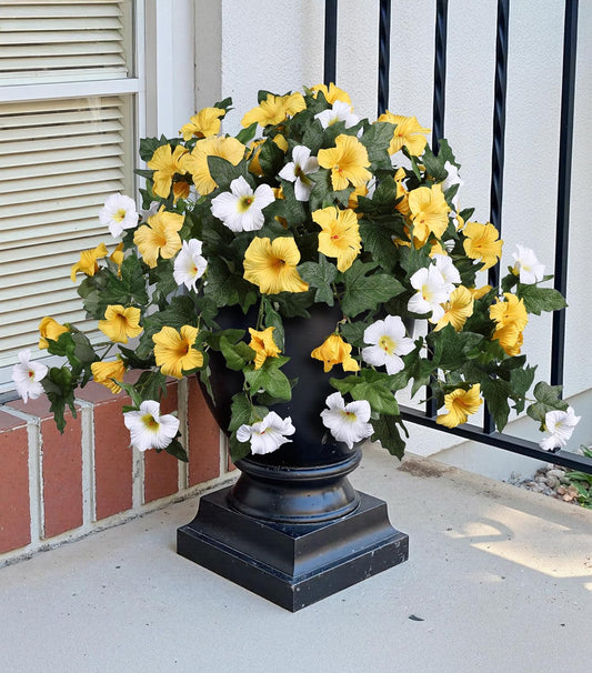 Artificial Flowers for Outdoors 2PCS Fall Faux Petunias Silk Fake Flowers for Outside Planter UV Resistant Realistic Home Garden Porch Decor (Yellow)