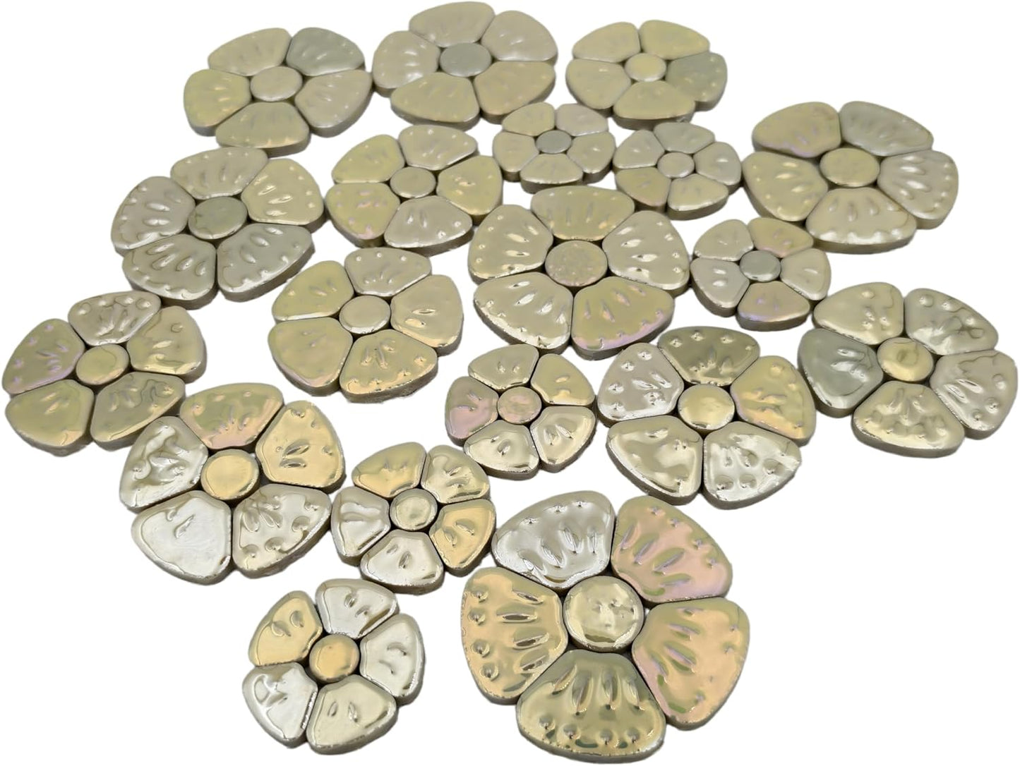 1.1 LB Random Iridescent Flower Ceramic Mosaic Tiles for DIY Crafts,3 Size Flowers Mosaic Pieces for Artwork,Photo Frames,Cups,Flower Pots,Fish Tank,Vases,Make Stepping Stones (Light Yellow)