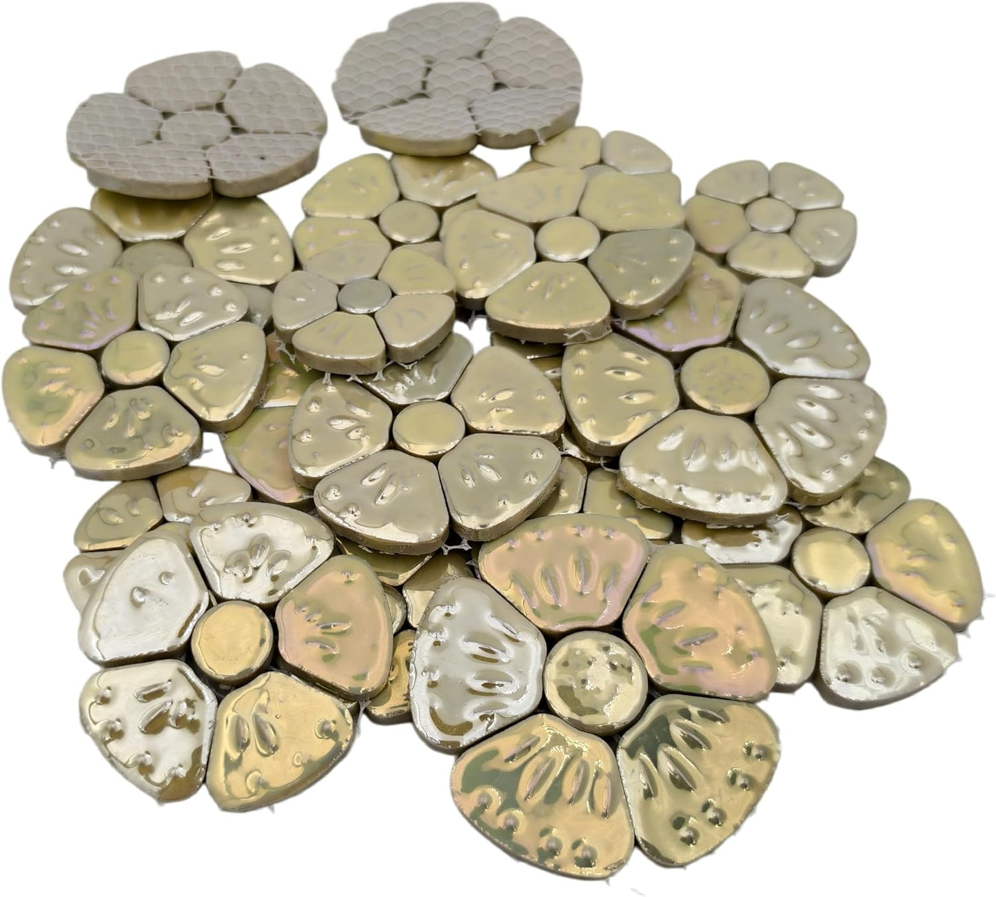 1.1 LB Random Iridescent Flower Ceramic Mosaic Tiles for DIY Crafts,3 Size Flowers Mosaic Pieces for Artwork,Photo Frames,Cups,Flower Pots,Fish Tank,Vases,Make Stepping Stones (Light Yellow)