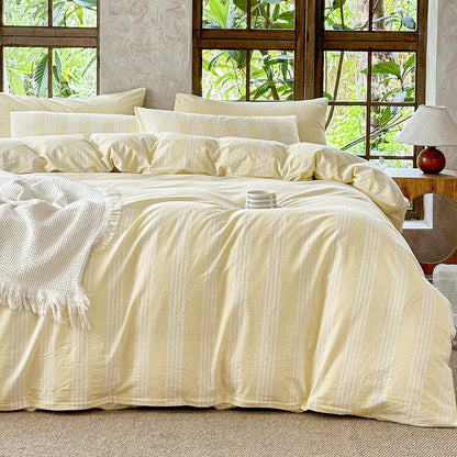 Yellow Striped Duvet Cover Set 100% Washed Cotton Linen Like Super Soft Chic 3 Pieces Bedding Set(Light Yellow/White,Full)