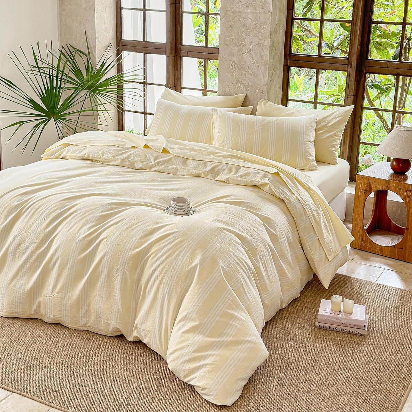 Yellow Striped Duvet Cover Set 100% Washed Cotton Linen Like Super Soft Chic 3 Pieces Bedding Set(Light Yellow/White,Full)