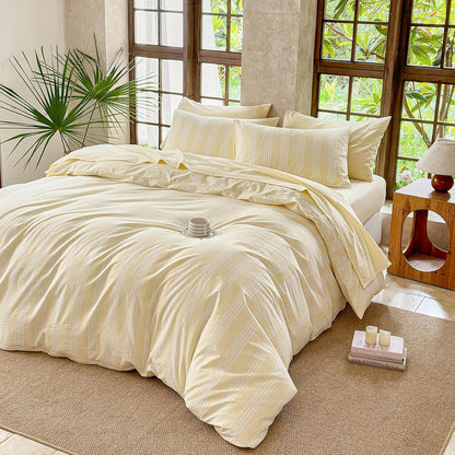 Yellow Striped Duvet Cover Set 100% Washed Cotton Linen Like Super Soft Chic 3 Pieces Bedding Set(Light Yellow/White,Full)