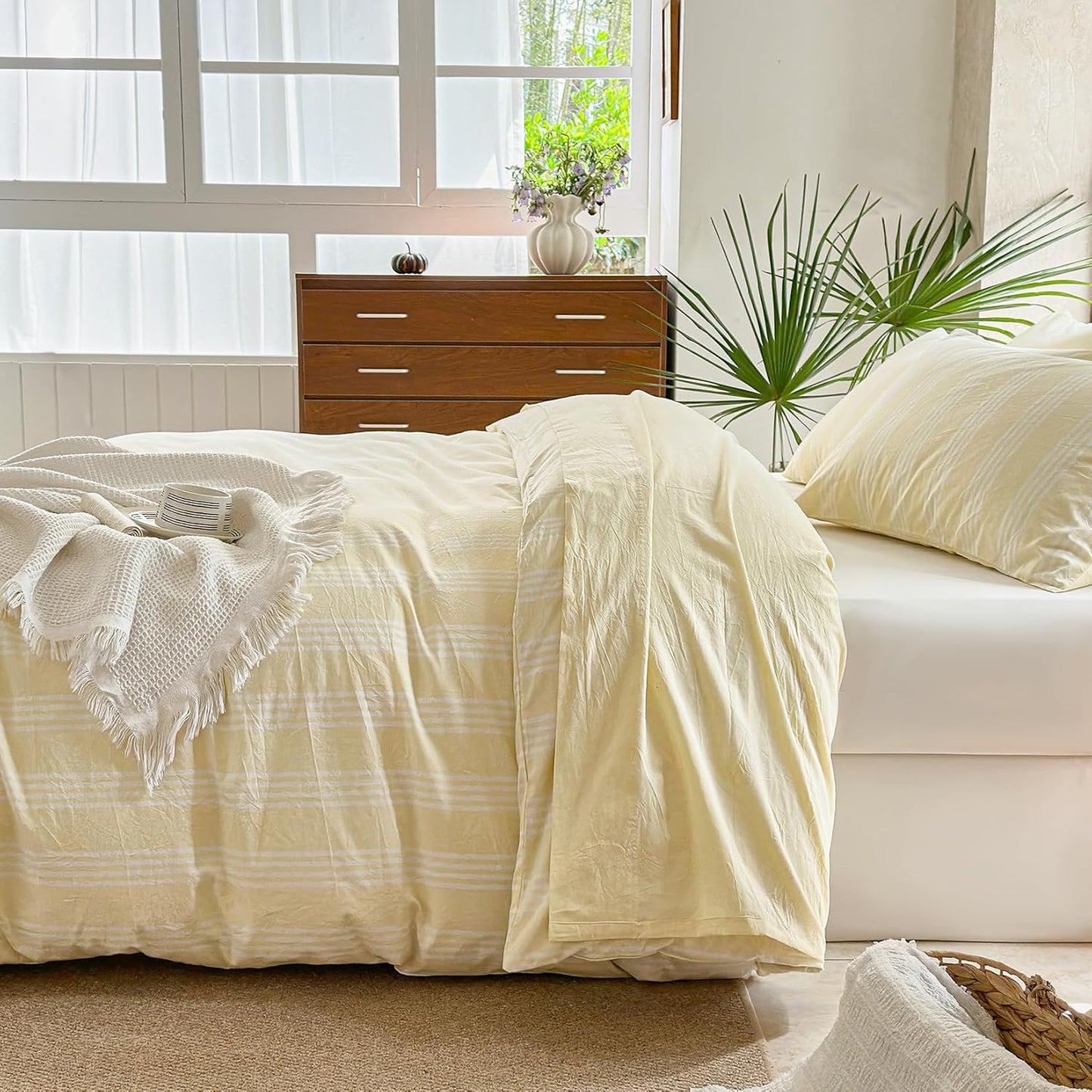 Yellow Striped Duvet Cover Set 100% Washed Cotton Linen Like Super Soft Chic 3 Pieces Bedding Set(Light Yellow/White,Full)
