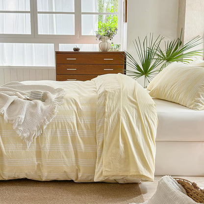 Yellow Striped Duvet Cover Set 100% Washed Cotton Linen Like Super Soft Chic 3 Pieces Bedding Set(Light Yellow/White,Full)
