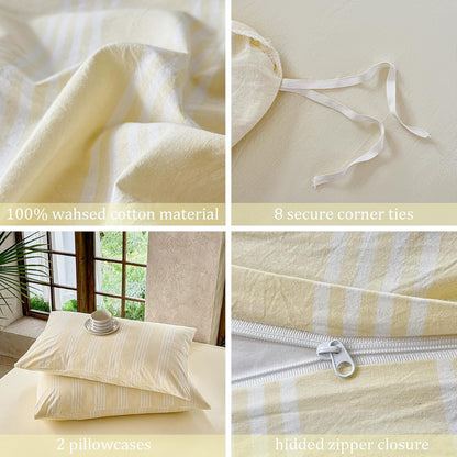 Yellow Striped Duvet Cover Set 100% Washed Cotton Linen Like Super Soft Chic 3 Pieces Bedding Set(Light Yellow/White,Full)
