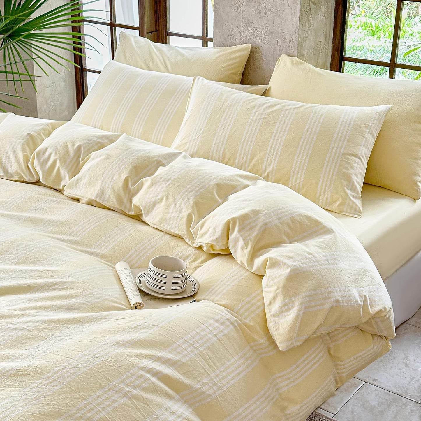 Yellow Striped Duvet Cover Set 100% Washed Cotton Linen Like Super Soft Chic 3 Pieces Bedding Set(Light Yellow/White,Full)