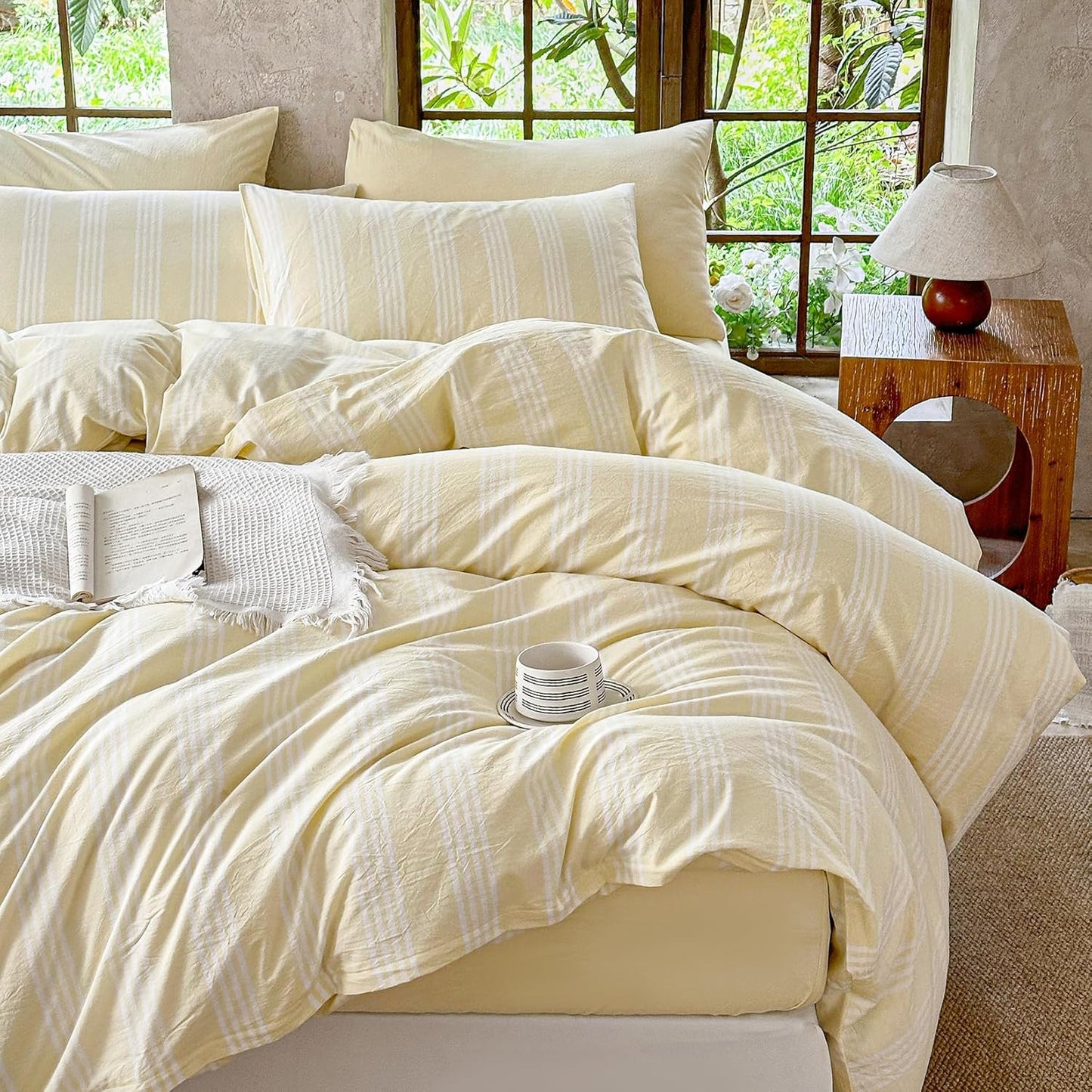 Yellow Striped Duvet Cover Set 100% Washed Cotton Linen Like Super Soft Chic 3 Pieces Bedding Set(Light Yellow/White,Full)
