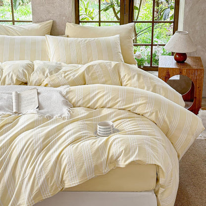 Yellow Striped Duvet Cover Set 100% Washed Cotton Linen Like Super Soft Chic 3 Pieces Bedding Set(Light Yellow/White,Full)