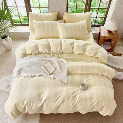 Yellow Striped Duvet Cover Set 100% Washed Cotton Linen Like Super Soft Chic 3 Pieces Bedding Set(Light Yellow/White,Full)