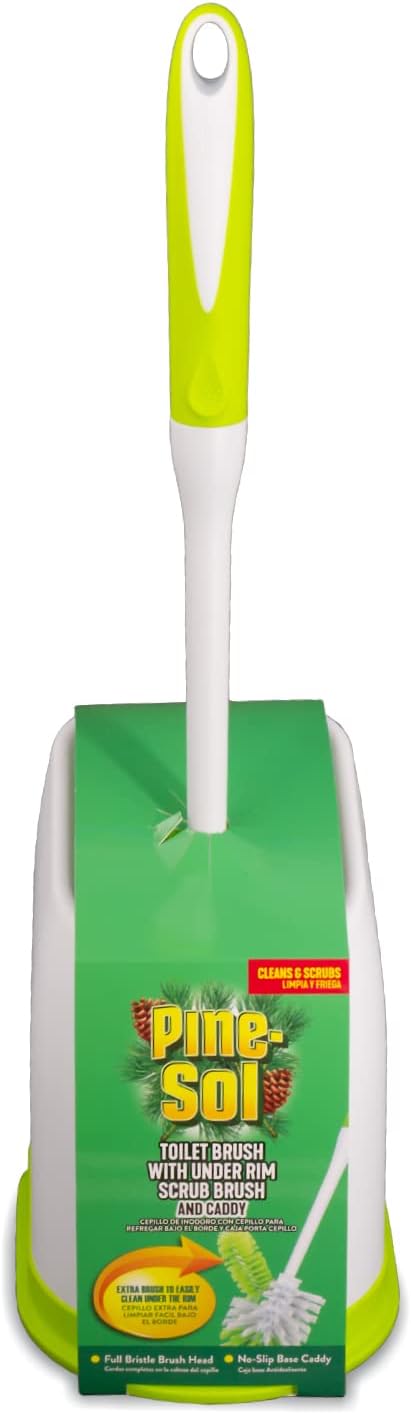 Toilet Bowl Cleaner Brush with Holder | Heavy Duty Cleaning Wand with Under The Rim Scrubber, Non-Slip Handle, Storage Caddy | Bathroom Supplies, Yellow, Green