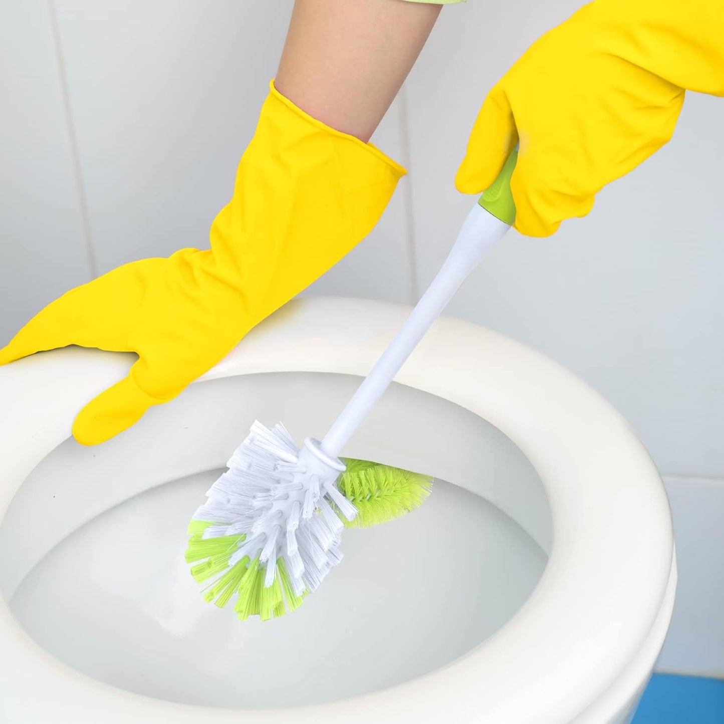 Toilet Bowl Cleaner Brush with Holder | Heavy Duty Cleaning Wand with Under The Rim Scrubber, Non-Slip Handle, Storage Caddy | Bathroom Supplies, Yellow, Green