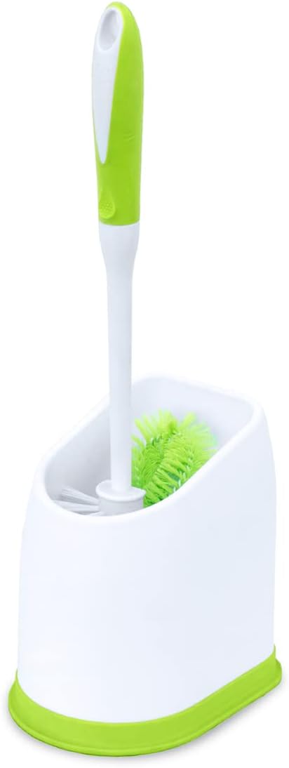 Toilet Bowl Cleaner Brush with Holder | Heavy Duty Cleaning Wand with Under The Rim Scrubber, Non-Slip Handle, Storage Caddy | Bathroom Supplies, Yellow, Green