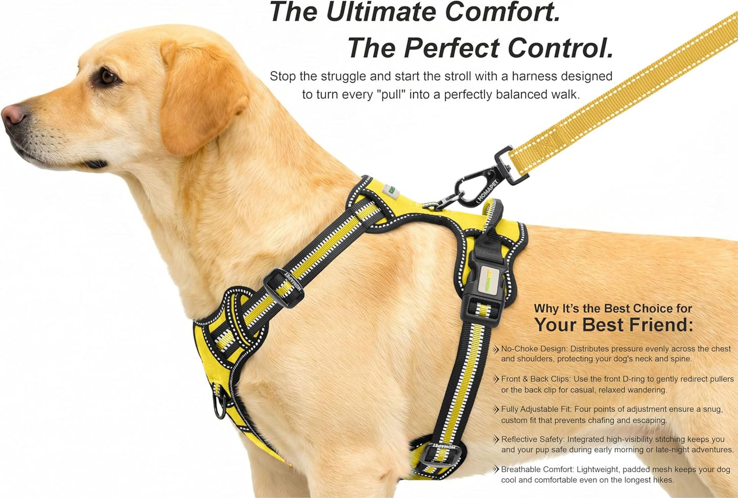 . No Pull Dog Harness with Dual Leash Attachment Points, Soft Padding Adjustable Reflective pet Vest, Balanced Support Design, Comfort Control Handle (Yellow, M)