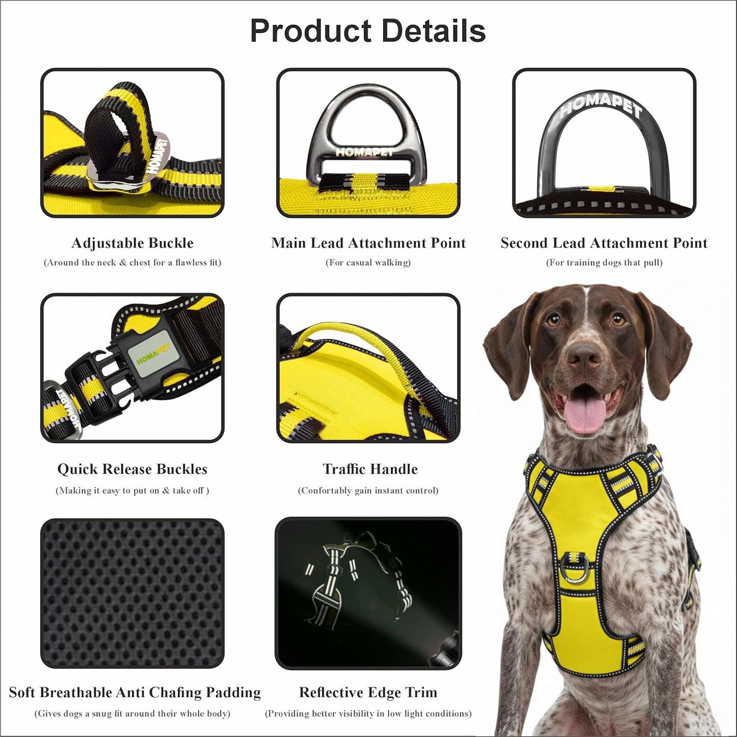 . No Pull Dog Harness with Dual Leash Attachment Points, Soft Padding Adjustable Reflective pet Vest, Balanced Support Design, Comfort Control Handle (Yellow, M)