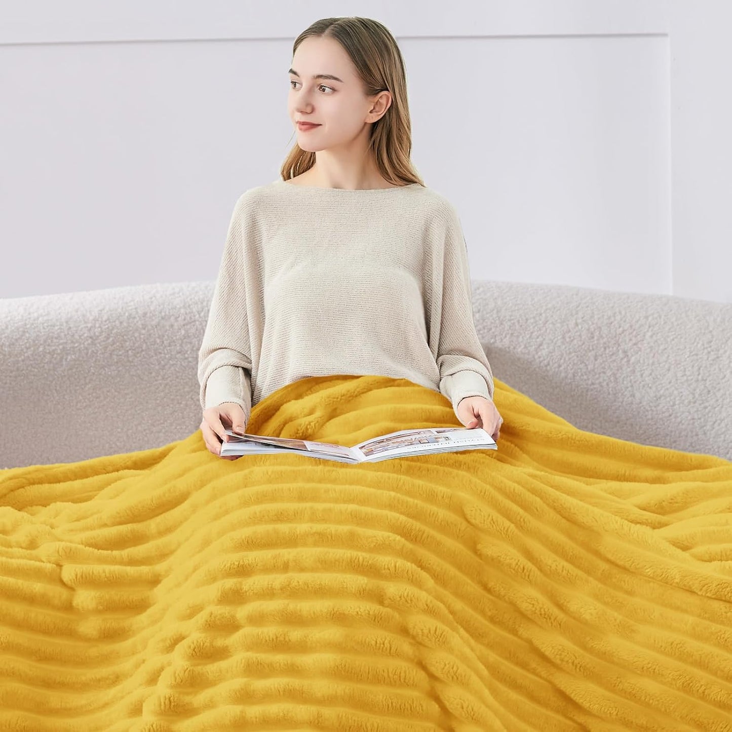 Striped Fleece Throw Blanket, Light Yellow, 50"x60" | 300GSM Microfiber Fleece, Soft Cozy, Lightweight Warm, Double-Sided Plush, Machine Washable, Gift, Room Decor, for Couch Sofa