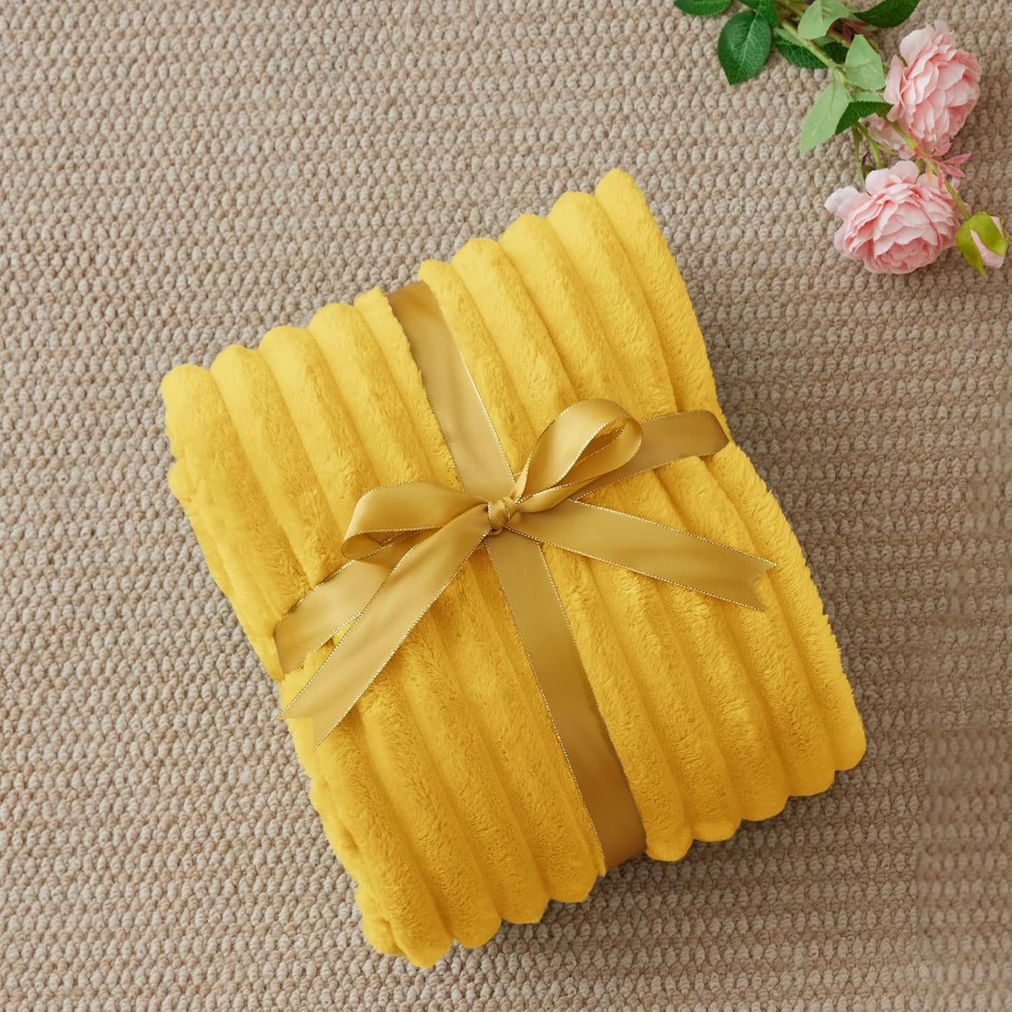 Striped Fleece Throw Blanket, Light Yellow, 50"x60" | 300GSM Microfiber Fleece, Soft Cozy, Lightweight Warm, Double-Sided Plush, Machine Washable, Gift, Room Decor, for Couch Sofa