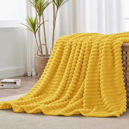 Striped Fleece Throw Blanket, Light Yellow, 50"x60" | 300GSM Microfiber Fleece, Soft Cozy, Lightweight Warm, Double-Sided Plush, Machine Washable, Gift, Room Decor, for Couch Sofa