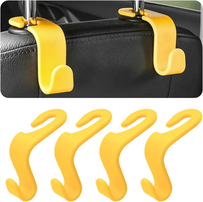 4 Pack Car Seat Headrest Hooks for Vehicle Seats, Yellow | rear-row hanging storage, supports bags coats and groceries, fits matching headrest posts, interior accessory