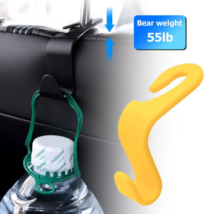 4 Pack Car Seat Headrest Hooks for Vehicle Seats, Yellow | rear-row hanging storage, supports bags coats and groceries, fits matching headrest posts, interior accessory