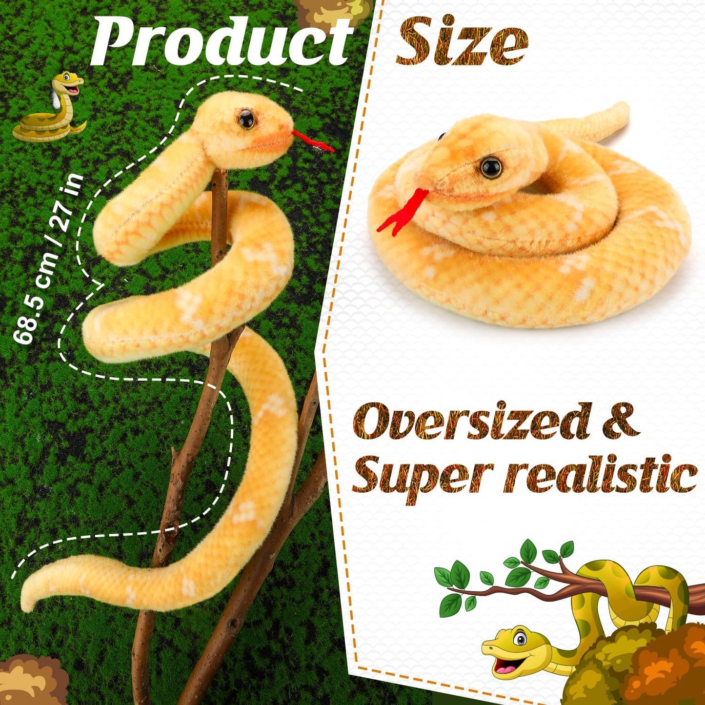 Snake Plush Stuffed Animal, 27 in, Yellow | Small Toy Snakes for Kids, Giant Stuffed Animals, Lifelike, Birthday Present Party Prank Prop