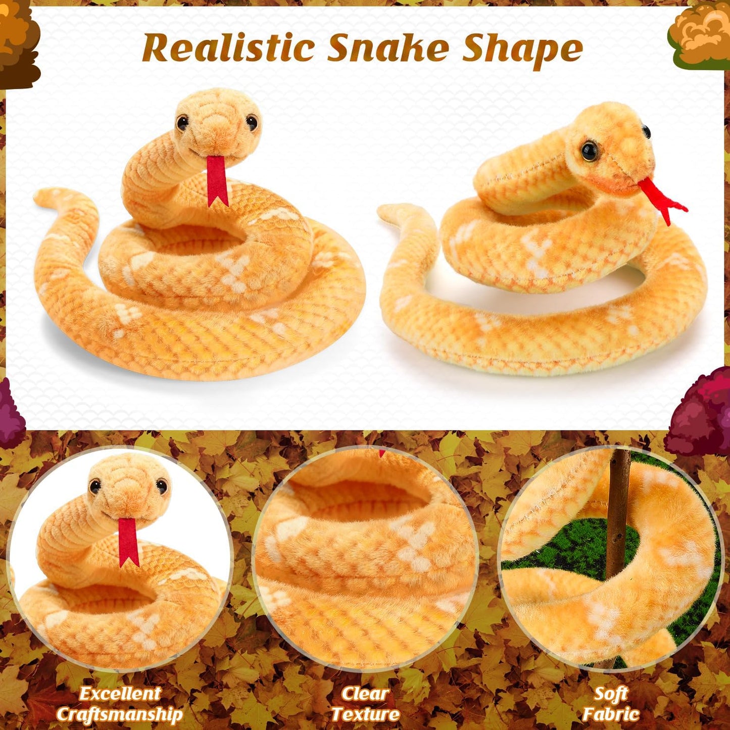 Snake Plush Stuffed Animal, 27 in, Yellow | Small Toy Snakes for Kids, Giant Stuffed Animals, Lifelike, Birthday Present Party Prank Prop