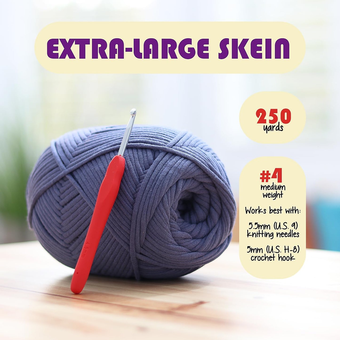 Soft Yarn for Crocheting – Crochet & Knitting Yarn, Beginner Yarn with Easy-to-See Stitches, 250 Yds Amigurumi Yarn, Cotton-Nylon Blend Tshirt Yarn for Crocheting, Worsted Weight Yarn 4, Bright Yellow