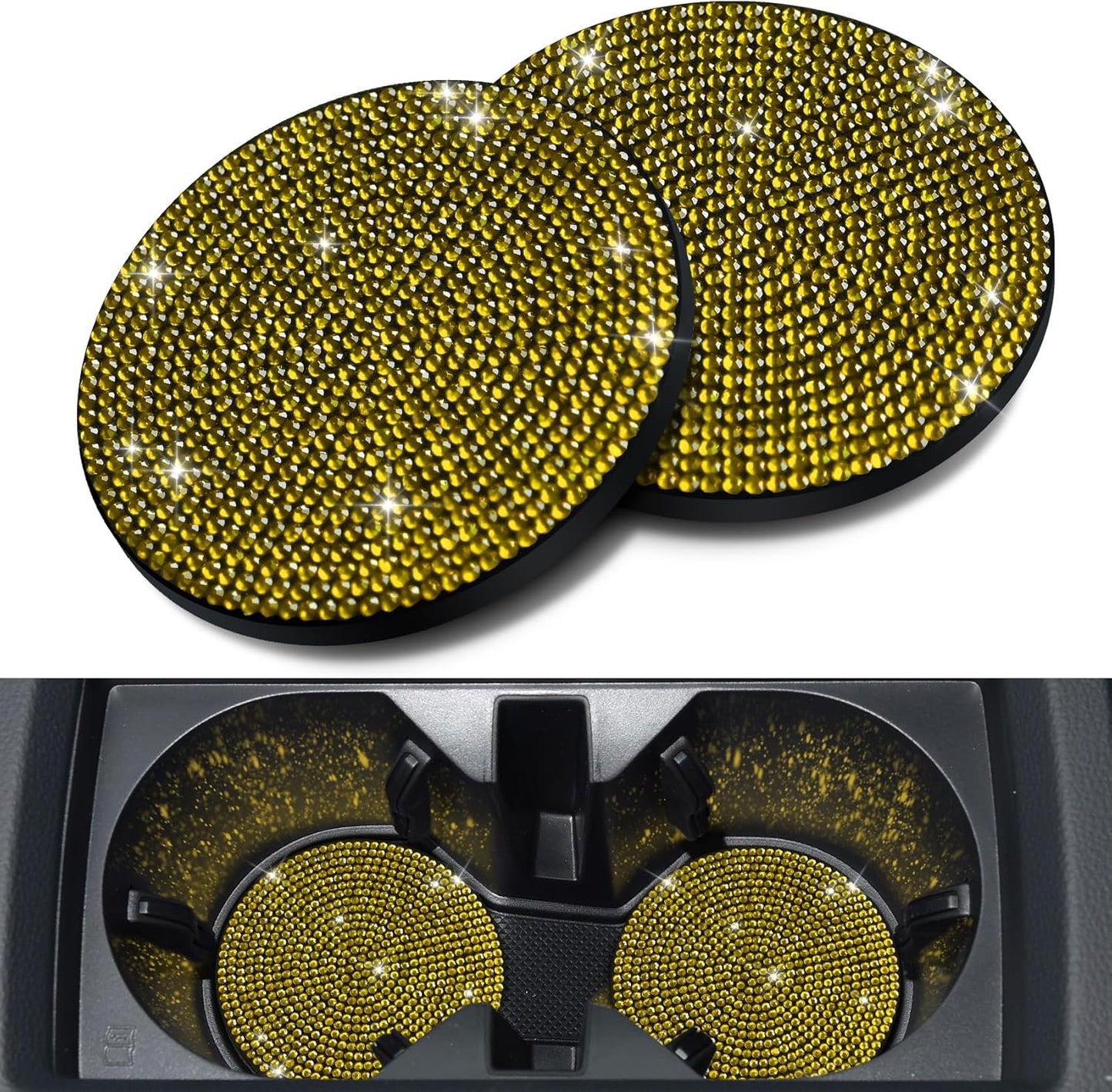 2PCS Bling Car Cup Holder Coaster, 2.75 Inch Car Cup Holder Insert Coaster, Crystal Rhinestone Car Drink Cup Mat, Automotive Bling Coaster Accessories for Women Girls (Lemon Yellow)