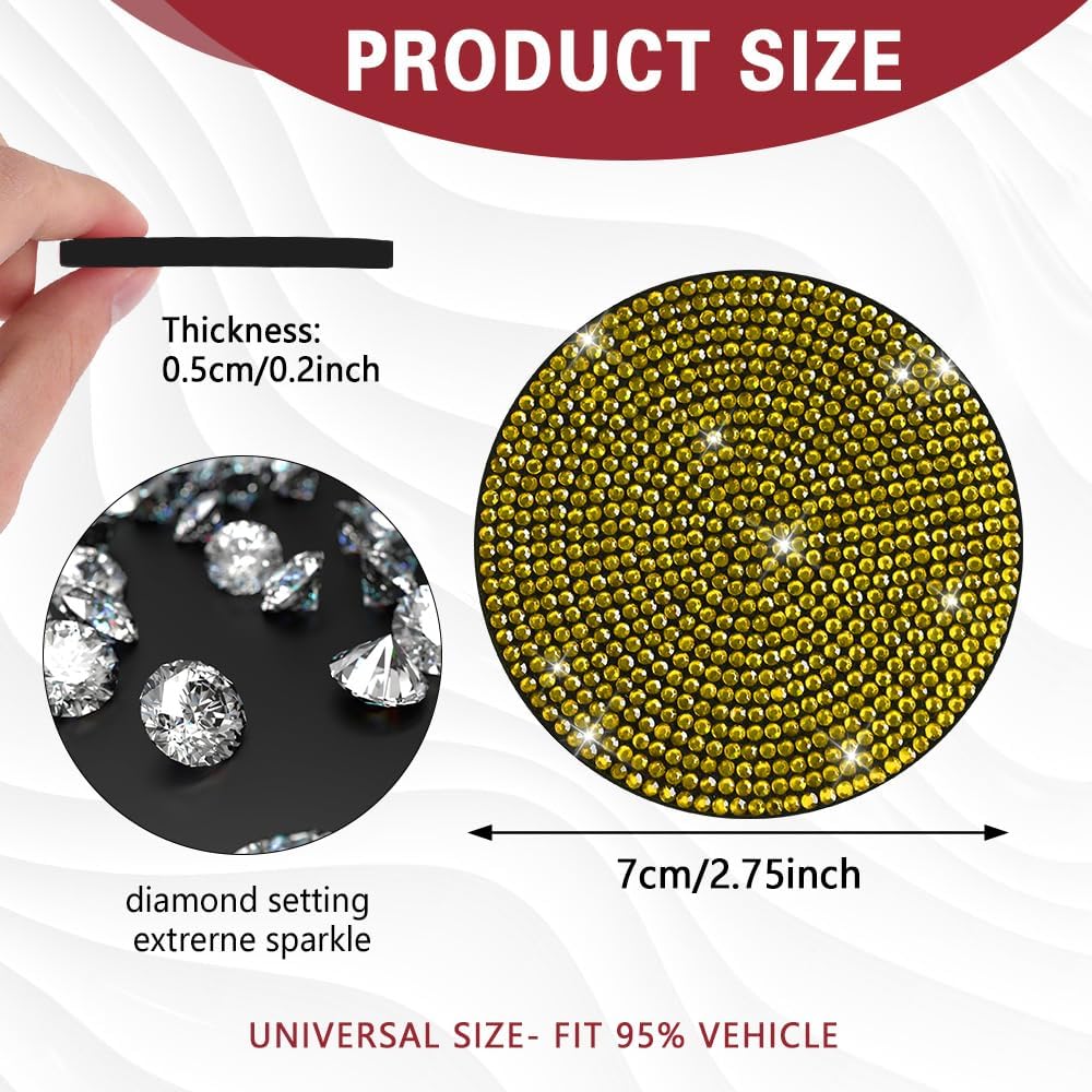 2PCS Bling Car Cup Holder Coaster, 2.75 Inch Car Cup Holder Insert Coaster, Crystal Rhinestone Car Drink Cup Mat, Automotive Bling Coaster Accessories for Women Girls (Lemon Yellow)