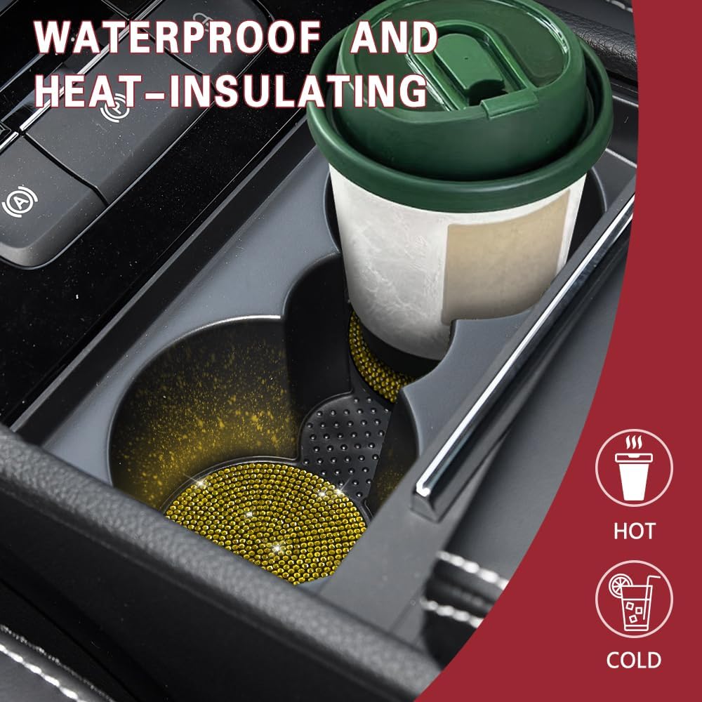 2PCS Bling Car Cup Holder Coaster, 2.75 Inch Car Cup Holder Insert Coaster, Crystal Rhinestone Car Drink Cup Mat, Automotive Bling Coaster Accessories for Women Girls (Lemon Yellow)