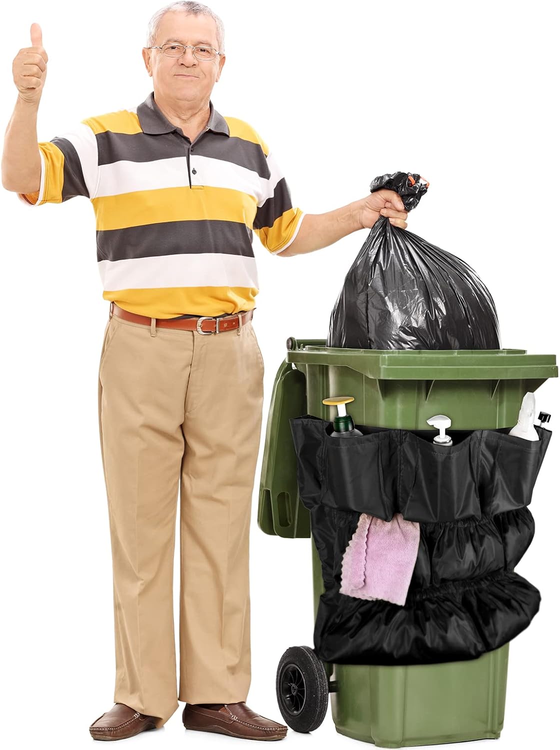 4 Pcs Trash Can Caddy Bag Cleaning Caddy Bag for Garbage Bins Trash Holder Cart Garbage Bin Storage Organizer, Fits 32-50 Gallon Can, Janitorial Storage Cleaning Supplies (Yellow)
