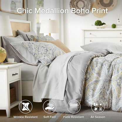 Bed in A Bag Comforter Set - Trendy Casual Design Full Comforter with Complete Sheet Set with Side Pocket, All Season, Shams, Gloria, Full Grey/Yellow 9 Piece