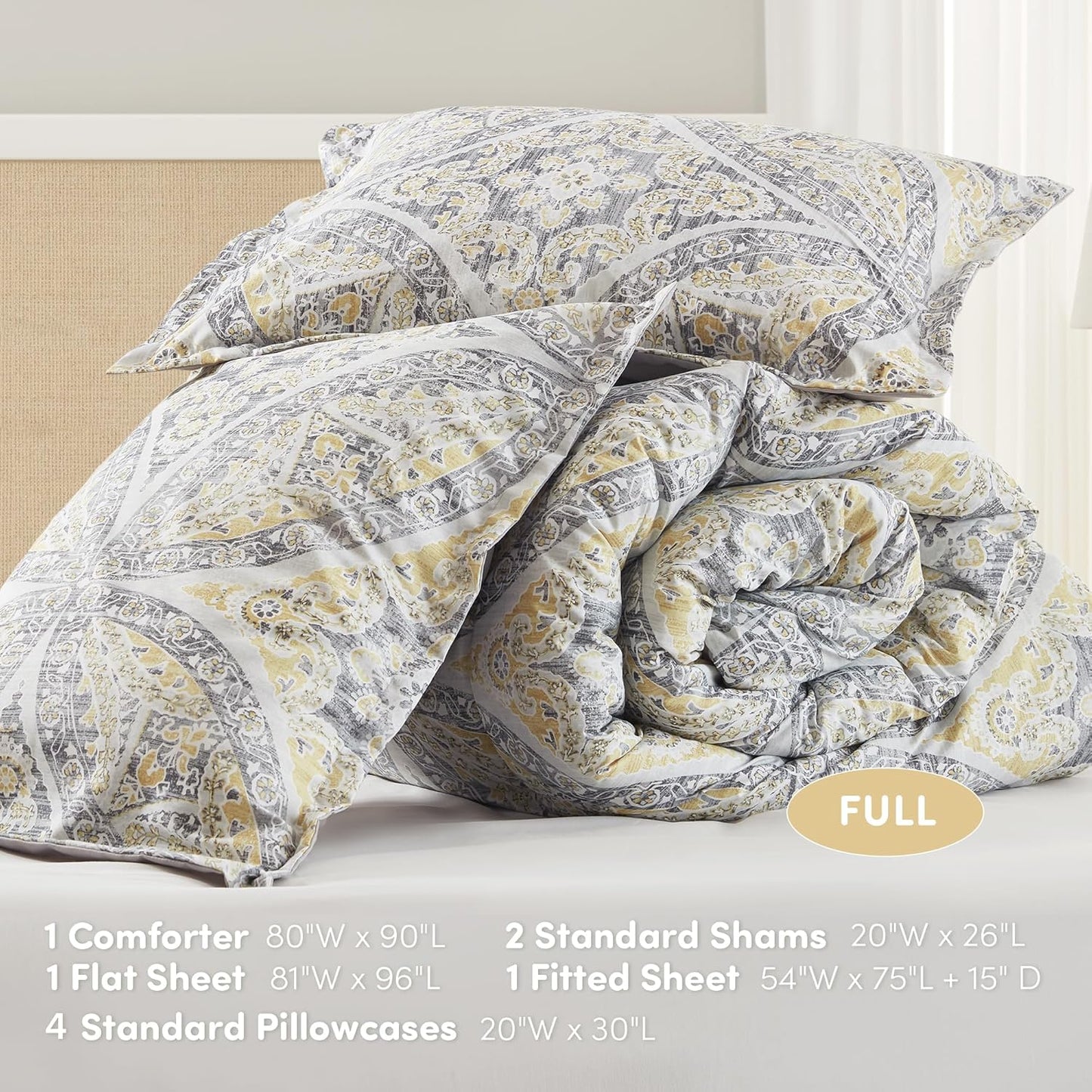 Bed in A Bag Comforter Set - Trendy Casual Design Full Comforter with Complete Sheet Set with Side Pocket, All Season, Shams, Gloria, Full Grey/Yellow 9 Piece