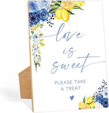 Floral Wedding Love Is Sweet Sign, Something Blue Bridal Shower Sign, Wooden Blue Lemon Bridal Shower Decorations, Party Supplies for Engagement Wedding Must Have for Reception and Ceremony, 45