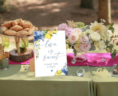 Floral Wedding Love Is Sweet Sign, Something Blue Bridal Shower Sign, Wooden Blue Lemon Bridal Shower Decorations, Party Supplies for Engagement Wedding Must Have for Reception and Ceremony, 45