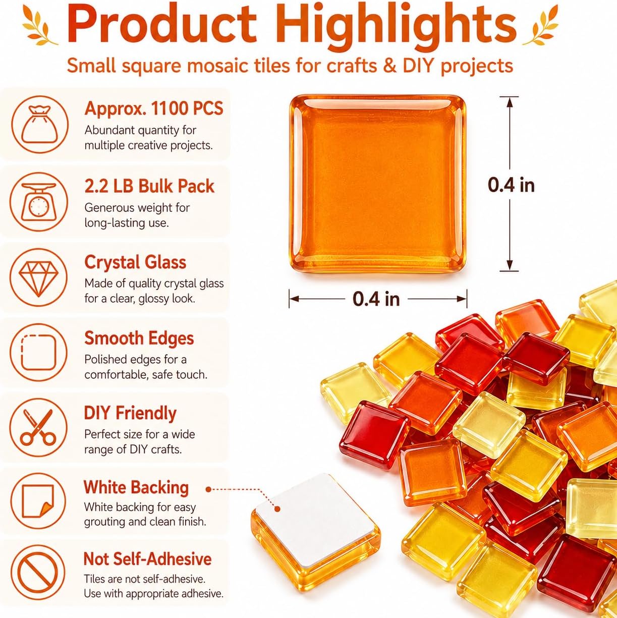1100 Pcs Glass Mosaic Tiles for Crafts Bulk, Red Orange Yellow Mixed Crystal Mosaic Tiles 2.2 lb, 0.4 Inch Square Stained Glass Pieces for Art Crafts, Mosaic Making Projects, Home Decor, and More