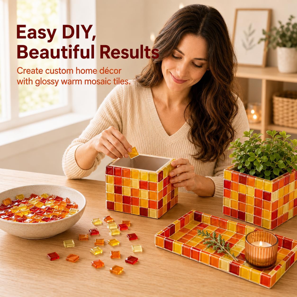 1100 Pcs Glass Mosaic Tiles for Crafts Bulk, Red Orange Yellow Mixed Crystal Mosaic Tiles 2.2 lb, 0.4 Inch Square Stained Glass Pieces for Art Crafts, Mosaic Making Projects, Home Decor, and More