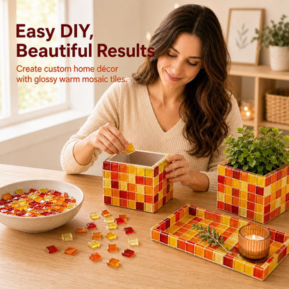 1100 Pcs Glass Mosaic Tiles for Crafts Bulk, Red Orange Yellow Mixed Crystal Mosaic Tiles 2.2 lb, 0.4 Inch Square Stained Glass Pieces for Art Crafts, Mosaic Making Projects, Home Decor, and More