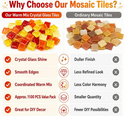 1100 Pcs Glass Mosaic Tiles for Crafts Bulk, Red Orange Yellow Mixed Crystal Mosaic Tiles 2.2 lb, 0.4 Inch Square Stained Glass Pieces for Art Crafts, Mosaic Making Projects, Home Decor, and More