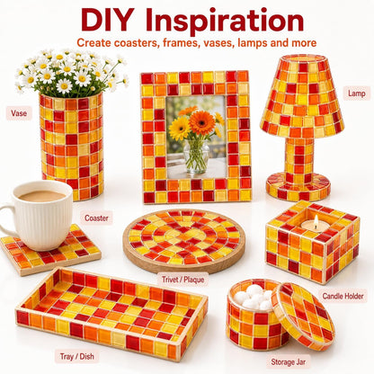 1100 Pcs Glass Mosaic Tiles for Crafts Bulk, Red Orange Yellow Mixed Crystal Mosaic Tiles 2.2 lb, 0.4 Inch Square Stained Glass Pieces for Art Crafts, Mosaic Making Projects, Home Decor, and More