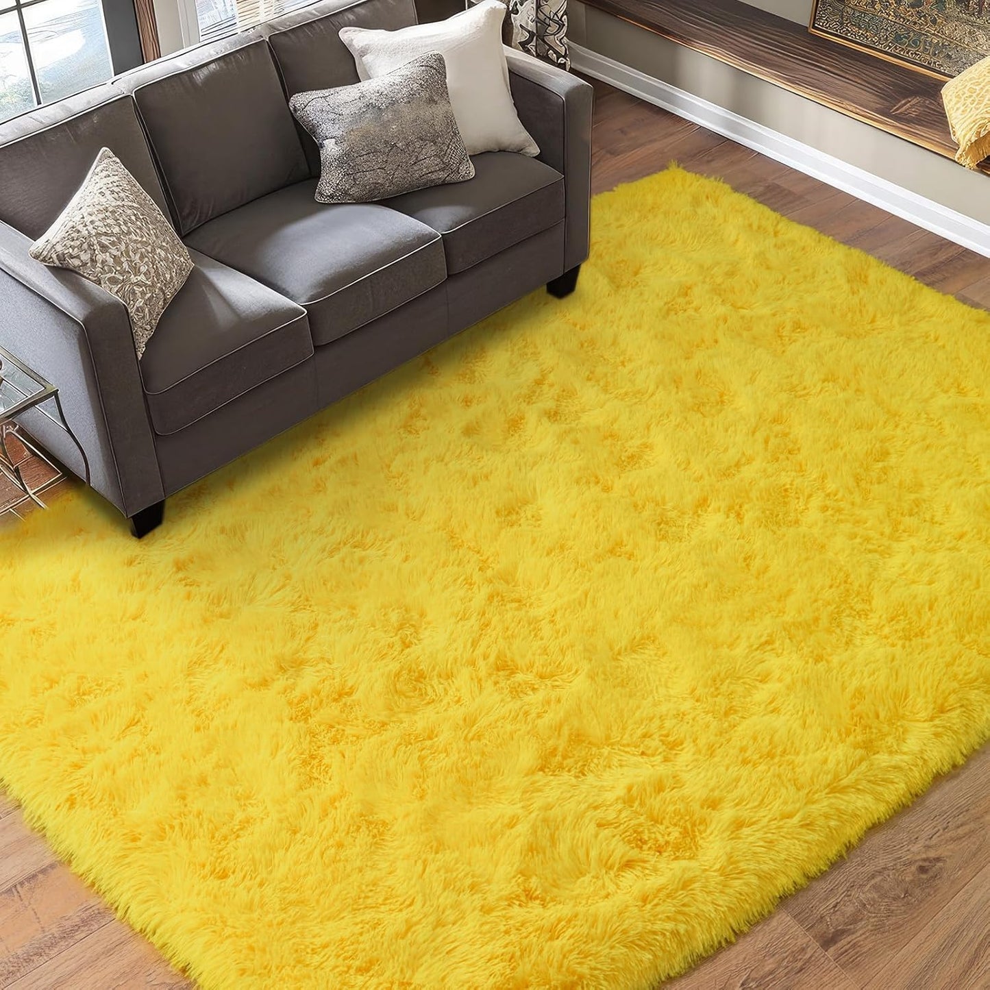 Dssimo Super Fluffy Area Rug for Bedroom, Modern Shag Yellow Area Rugs, Soft Plush Small Carpet for Kids,Girls Boys and Teens Decorations for Living Room Dorm Nursery Classroom, 4x6 Feet