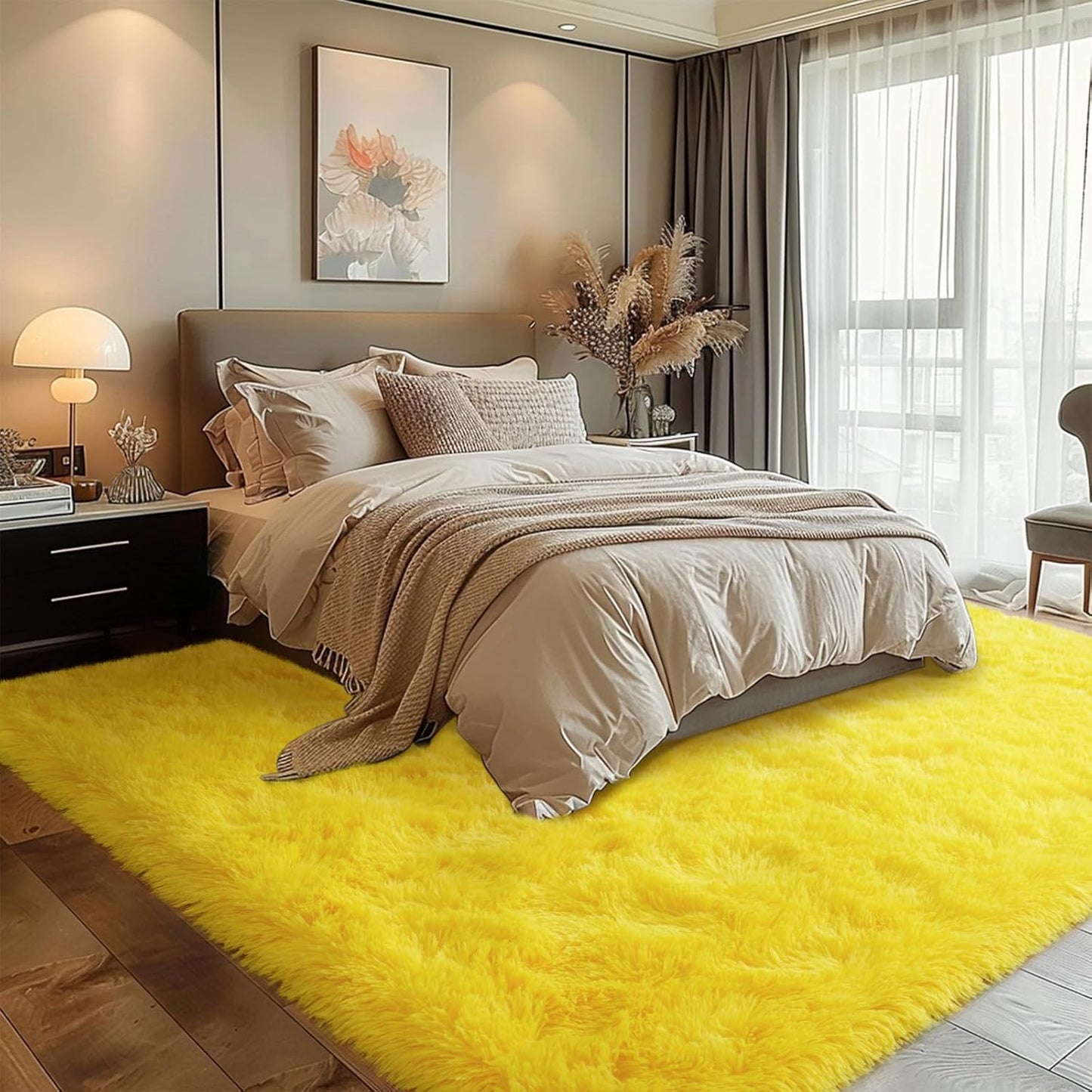 Dssimo Super Fluffy Area Rug for Bedroom, Modern Shag Yellow Area Rugs, Soft Plush Small Carpet for Kids,Girls Boys and Teens Decorations for Living Room Dorm Nursery Classroom, 4x6 Feet