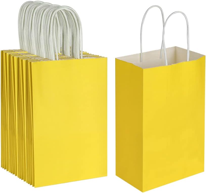 50 Pack 5.25x3.25x8.25 Inch Small Yellow Kraft Paper Bags with Handles Bulk for Birthday Wedding Party Favors Grocery Retail Shopping Business Goody Craft Gift Bags Cub Sacks, 50 Count
